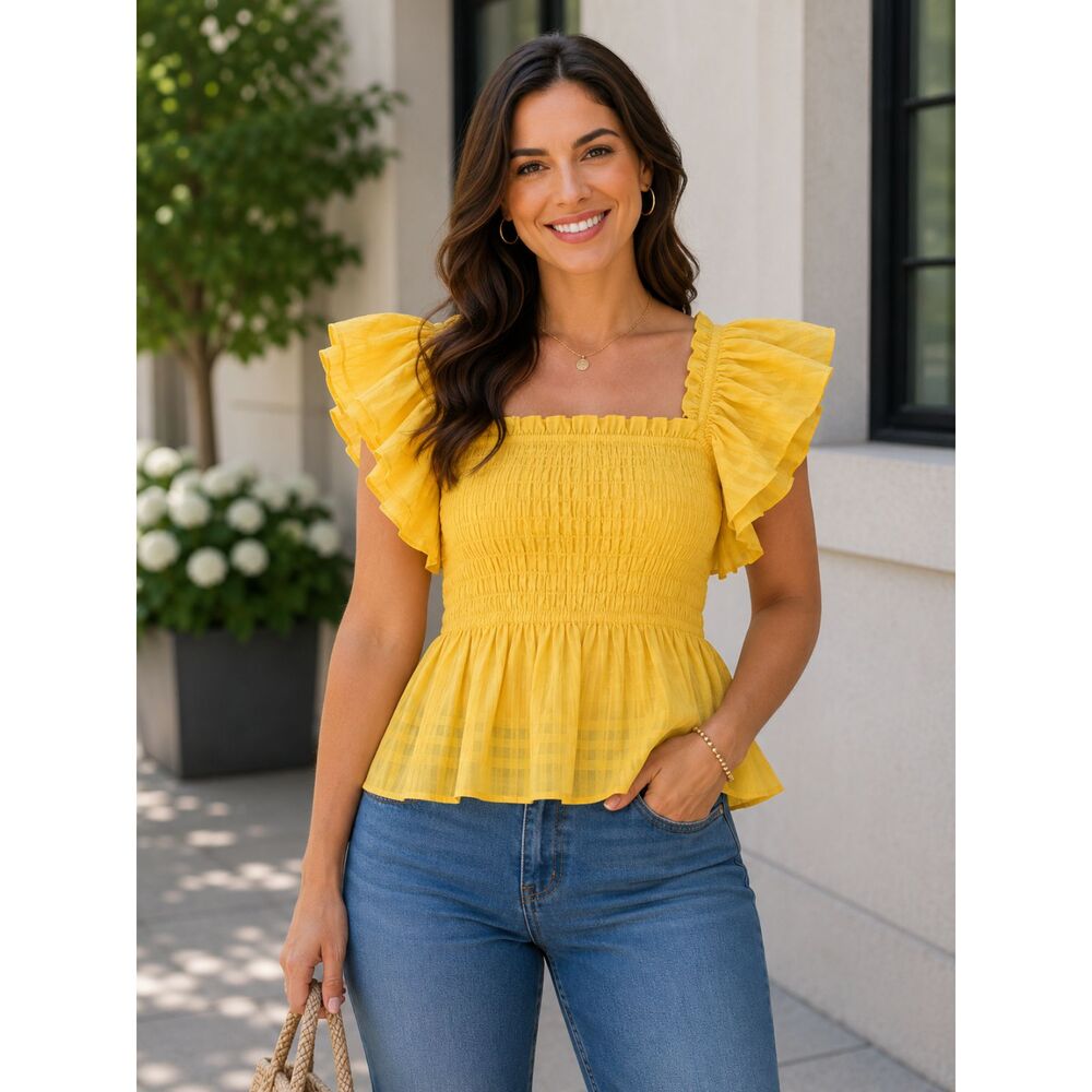 Banana Republic Yellow Smocked Ruffle Top Size L Square Neck Flutter Sleeve